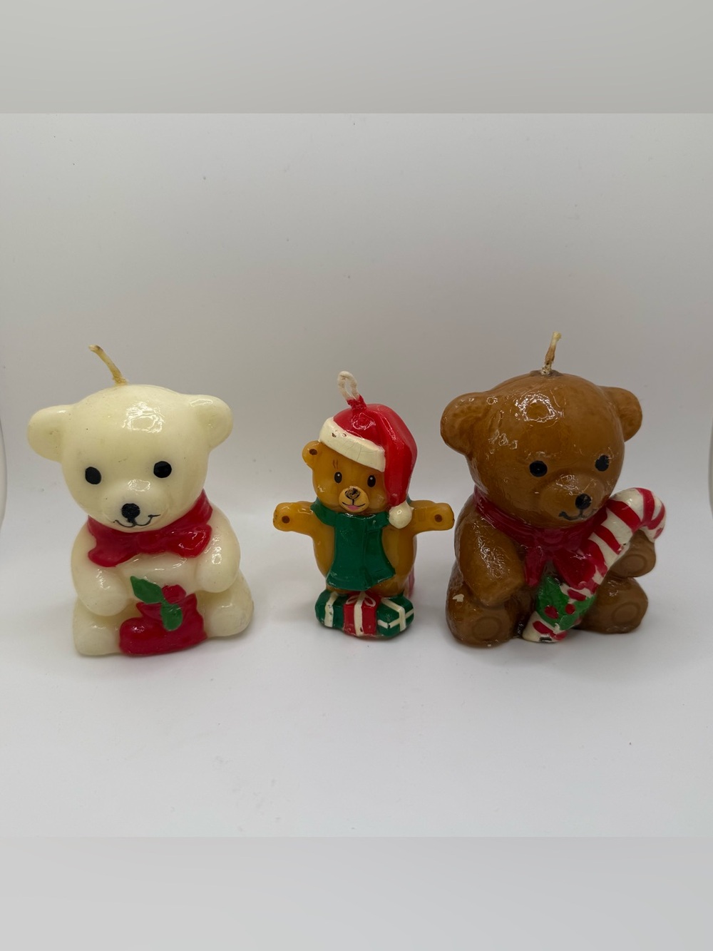 Holiday Bear Candles Trio - Red, Green, White, Brown vintage christmas